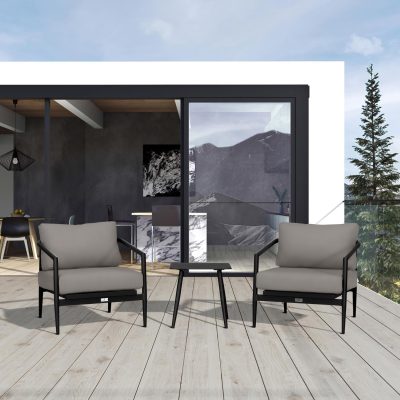 Midnight Cove 3 Pc Aluminum Club Chair Seating Set in Black/Carbon/Canvas Charcoal By Lakeview Outdoor Designs