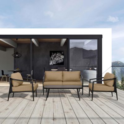 Midnight Cove 4 Pc Aluminum Loveseat Seating Set in Black/Carbon/Heather Beige By Lakeview Outdoor Designs