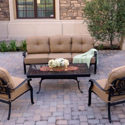 Darlee Elisabeth 4 Piece Cast Aluminum Patio Conversation Set W/ Mocha Granite Top Coffee Table & Sesame Cushions