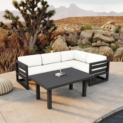 Misty Cove 5 Pc Aluminum Sectional Set in Slate W/ Canvas Natural Cushions & Classic Chat Table By Lakeview