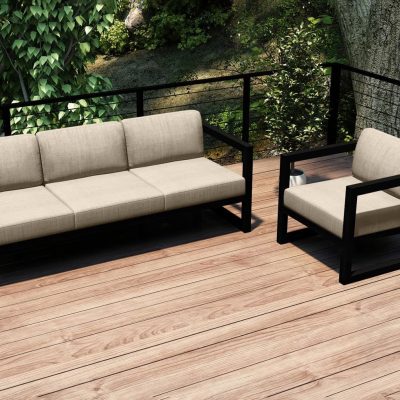 Misty Cove 2 Pc Aluminum Seating Set in Black W/ Canvas Flax Cushions By Lakeview