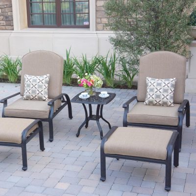 Darlee Elisabeth 5 Piece Cast Aluminum Patio Conversation Set W/ Reclining Club Chairs& Sesame Cushions