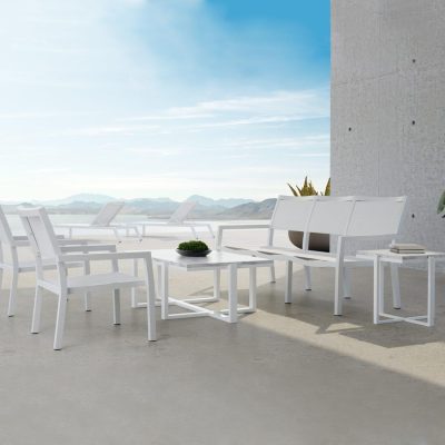 Sunset West Naples 5 Piece Aluminum Patio Sling Conversation Set W/ Coffee Table, End Table & Phifertex Frost Slings