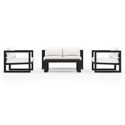 Misty Cove 4 Pc Aluminum Loveseat Set in Black W/ Canvas Natural Cushions & Long Coffee Table By Lakeview