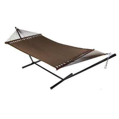 Ultimate Patio Soft-Spun Woven Rope Double Hammock w/ 15-Foot Steel Beam Stand – Mocha