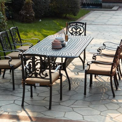 Darlee Santa Barbara 9 Piece Cast Aluminum Patio Dining Arm Chair Set W/ 92 X 42 Inch Rectangular Table & Sesame Cushions