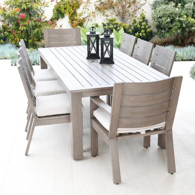 Sunset West Laguna 9 Piece Aluminum Patio Dining Set W/ 90 X 42 Inch Rectangular Table & Sunbrella Canvas Flax Cushions