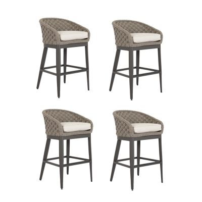 Sunset West Marbella 4 Piece Rope & Aluminum Patio Barstool Set W/ Sunbrella Echo Ash Cushions