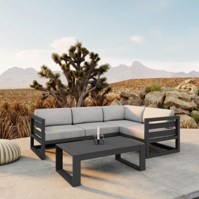 Misty Cove 5 Pc Aluminum Sectional Set in Slate W/ Cast Silver Cushions & Portal Coffee Table By Lakeview