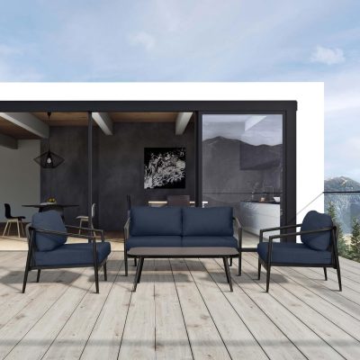 Midnight Cove 4 Pc Aluminum Loveseat Seating Set in Black/Carbon/Spectrum Indigo By Lakeview Outdoor Designs