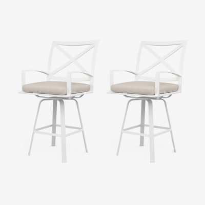 Sunset West Bristol 2 Piece Aluminum Swivel Patio Counter Stool Set W/ Sunbrella Canvas Flax Self Welt Cushions