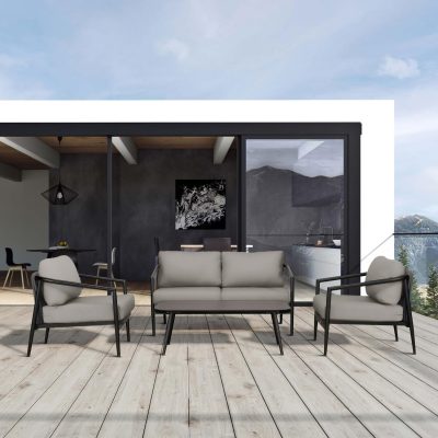 Midnight Cove 4 Pc Aluminum Loveseat Seating Set in Black/Carbon/Canvas Charcoal By Lakeview Outdoor Designs