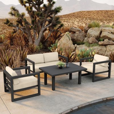 Misty Cove 4 Pc Aluminum Loveseat Set in Slate W/ Canvas Flax Cushions By Lakeview