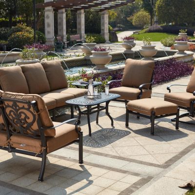 Darlee Santa Barbara 7 Piece Cast Aluminum Patio Conversation Set W/ 21 Inch Square End Table, 42 X 21 Inch Rectangular Coffee Table & Sesame Cushions