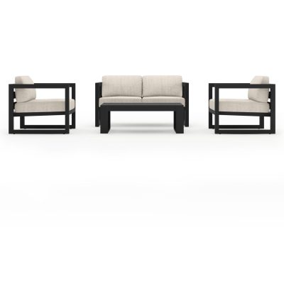 Misty Cove 4 Pc Aluminum Loveseat Set in Black W/ Cast Silver Cushions & Long Coffee Table By Lakeview