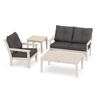 POLYWOOD Vineyard 4-Piece Deep Seating Set w/ Side Table – Sand / Ash Charcoal