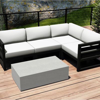 Misty Cove 5 Pc Aluminum Sectional Set in Black W/ Canvas Natural Cushions & Long Coffee Table By Lakeview