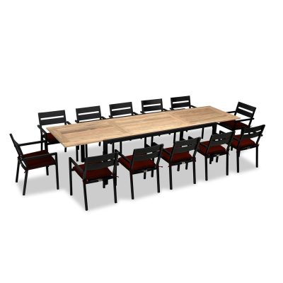 Calm Bay Communal 13 Pc Extendable Reclaimed Teak Dining Set in Black/Canvas Henna by Lakeview