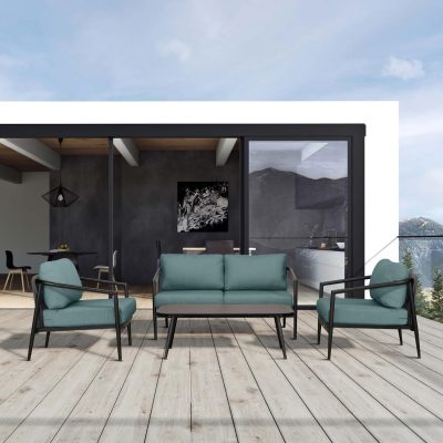 Midnight Cove 4 Pc Aluminum Loveseat Seating Set in Black/Carbon/Cast Lagoon By Lakeview Outdoor Designs