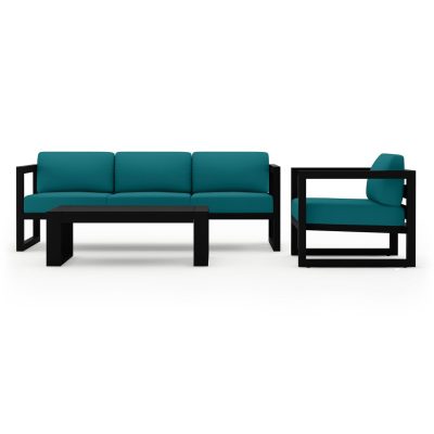 Misty Cove 3 Pc Aluminum Sofa Set in Black W/ Spectrum Peacock Cushions & Portal Coffee Table By Lakeview