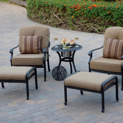 Darlee Santa Monica 5 Piece Cast Aluminum Patio Conversation Set W/ End Table Ice Bucket Insert & Sesame Cushions