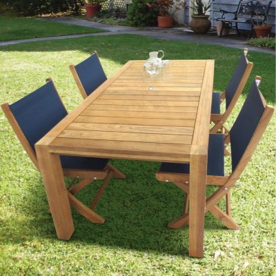 Sailmate 5 Piece Teak Patio Dining Set W/ 63 X 35 Inch Rectangular Table And Dining Side Chairs By Royal Teak Collection – Navy Sling