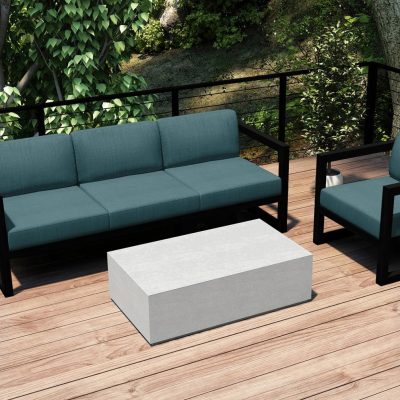 Misty Cove 3 Pc Aluminum Sofa Set in Black W/ Cast Lagoon Cushions & Long Coffee Table By Lakeview