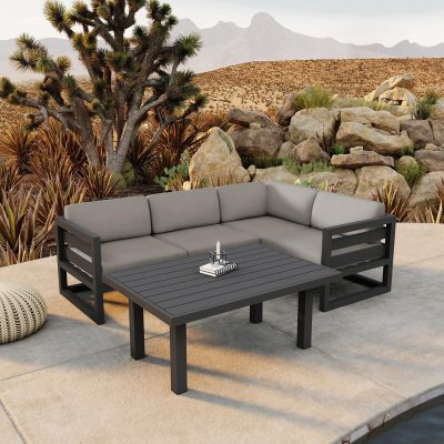 Misty Cove 5 Pc Aluminum Sectional Set in Slate W/ Canvas Charcoal Cushions & Classic Chat Table By Lakeview