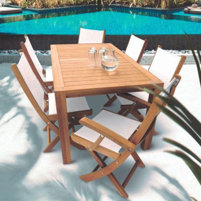 Sailmate 7 Piece Teak Patio Dining Set W/ 63 X 35 Inch Rectangular Table By Royal Teak Collection – White Sling