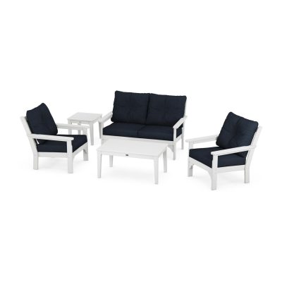 POLYWOOD Vineyard 5-Piece Deep Seating Set w/ Loveseat – White / Marine Indigo