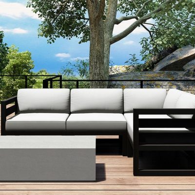 Misty Cove 5 Pc Aluminum Sectional Set in Slate W/ Canvas Natural Cushions & Long Coffee Table By Lakeview