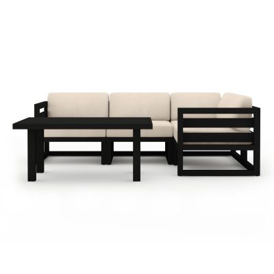 Misty Cove 5 Pc Aluminum Sectional Set in Black W/ Canvas Flax Cushions & Classic Chat Table By Lakeview