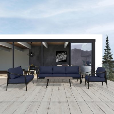 Midnight Cove 5 Pc Aluminum Sofa Seating Set in Black/Carbon/Spectrum Indigo By Lakeview Outdoor Designs