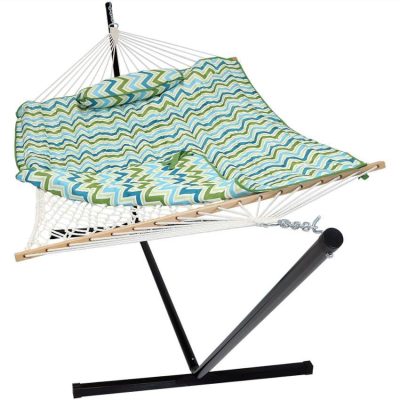 Ultimate Patio Rope Hammock w/ 12-Foot Stand, Pad, & Pillow – Blue & Green Chevron