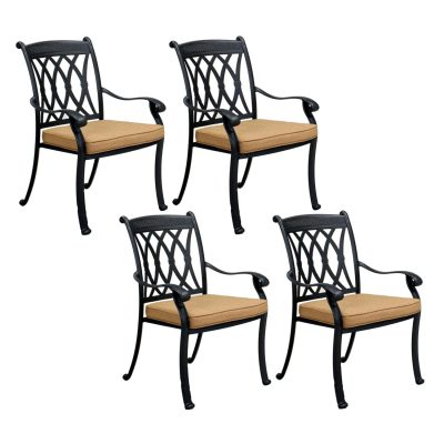 Capri 4 Piece Cast Aluminum Patio Dining Arm Chair Set W/ Sesame Polyester Cushions By Darlee