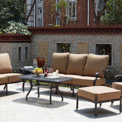 Madison 6 Piece Cast Aluminum Patio Conversation Set W/ Sesame Polyester Cushions By Darlee