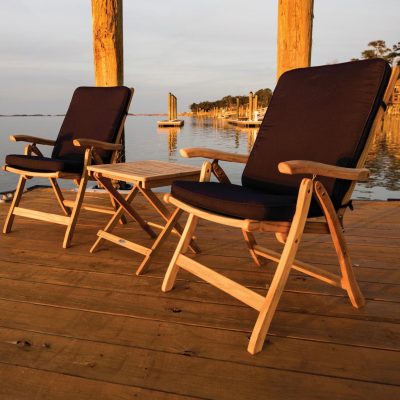 Estate 3 Piece Teak Patio Bistro Set W/ Reclining Arm Chairs And Sunbrella Canvas Navy Cushions By Royal Teak Collection