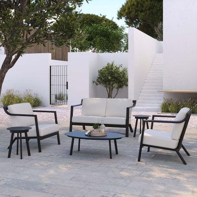 Markoe 6 Pc Aluminum Seating Set in Carbon/Bliss Linen By Oxford Garden