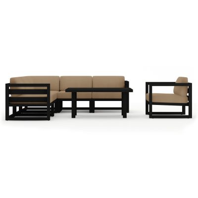 Misty Cove 7 Pc Aluminum Sectional Set in Black W/ Heather Beige Cushions & Classic Chat Table By Lakeview