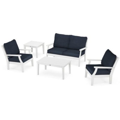 POLYWOOD Braxton 5-Piece Deep Seating Set in White / Marine Indigo