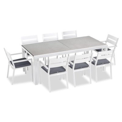 Calm Bay 9 Pc Extendable Dining Set in White/Concrete/Canvas Charcoal by Lakeview