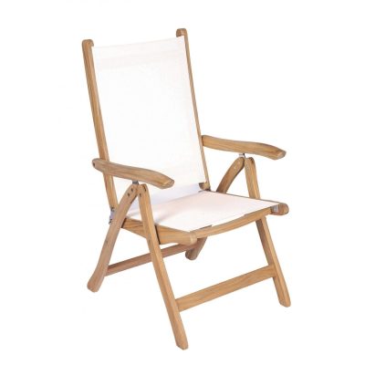 Florida Reclining & Folding Teak Patio Dining Arm Chair W/ White Sling By Royal Teak Collection