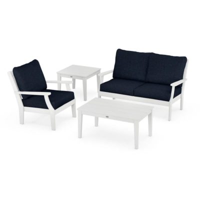 POLYWOOD Braxton 4-Piece Deep Seating Set in White / Marine Indigo