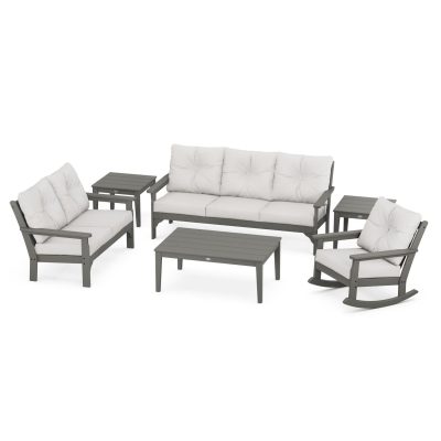 POLYWOOD Vineyard 6-Piece Deep Seating Set w/ Rocker – Slate Grey / Natural Linen