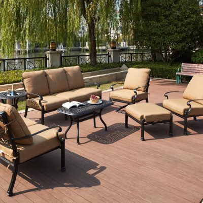 Darlee Santa Barbara 7 Piece Cast Aluminum Patio Conversation Set W/ 24 Inch Round Ice Bucket End Table, 42 X 21 Inch Rectangular Coffee Table & Sesame Cushions