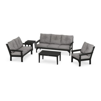 POLYWOOD Vineyard 5-Piece Deep Seating Set w/ Sofa – Black / Grey Mist