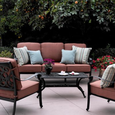 Darlee St. Cruz 4 Piece Cast Aluminum Patio Conversation Set W/ 42 X 21 Inch Rectangular Coffee Table & Spicy Chili Cushions