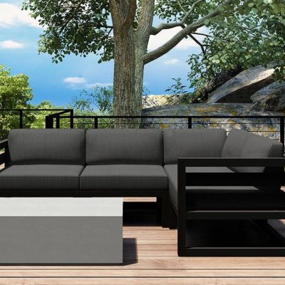 Misty Cove 5 Pc Aluminum Sectional Set in Slate W/ Canvas Charcoal Cushions & Long Coffee Table By Lakeview