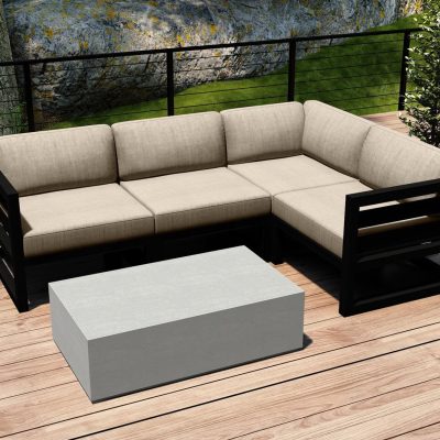 Misty Cove 5 Pc Aluminum Sectional Set in Black W/ Canvas Flax Cushions & Long Coffee Table By Lakeview