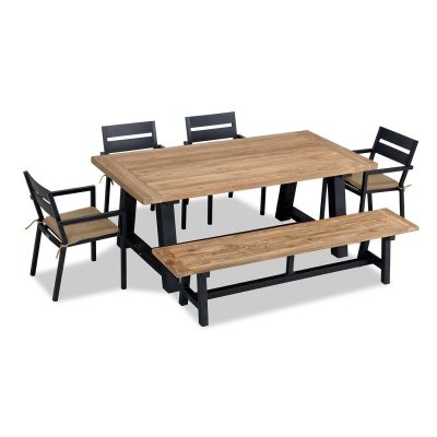 Calm Bay Mill 7 Pc Reclaimed Teak Dining Set w/ Bench in Black/Heather Beige by Lakeview